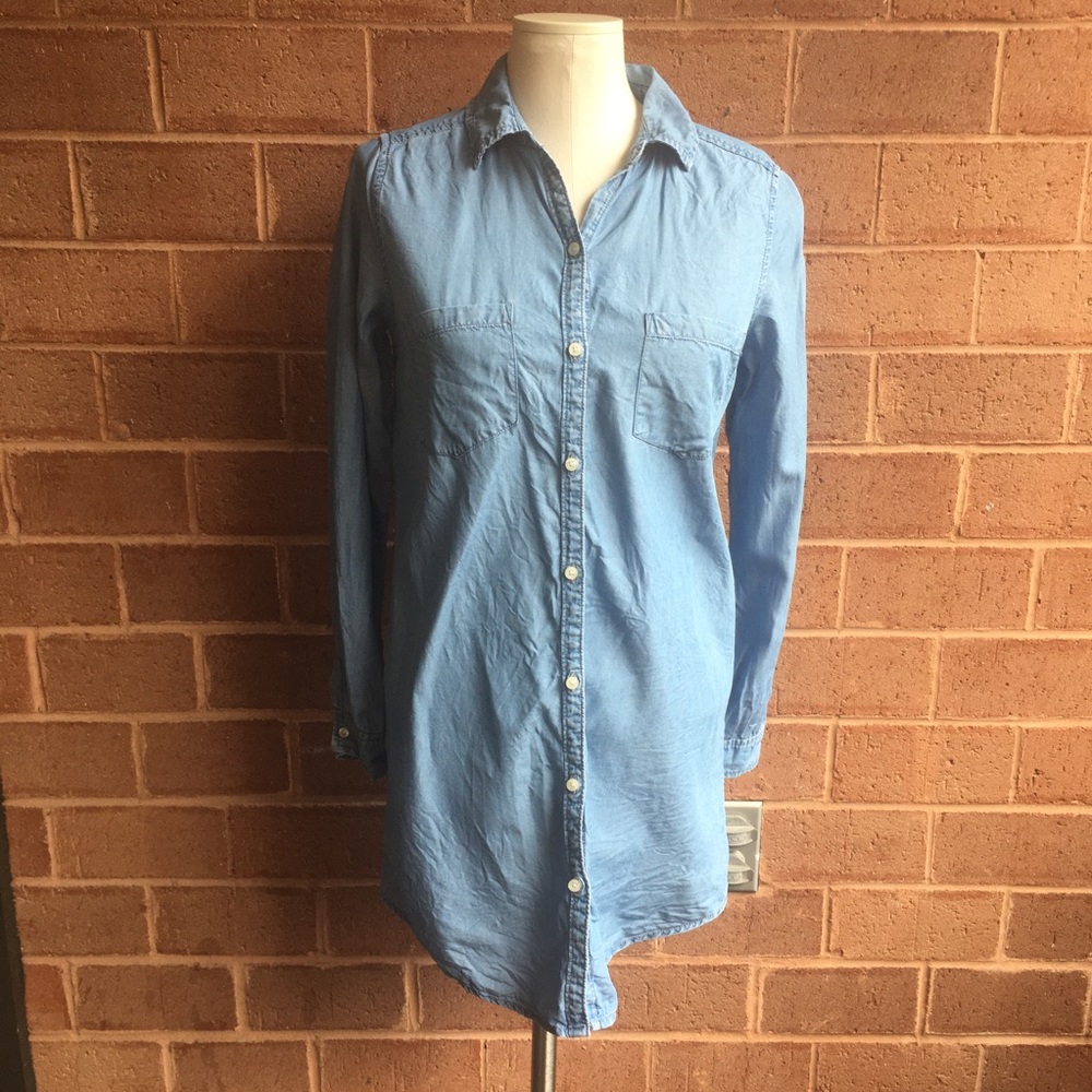 Aerie Long Sleeve Chambray Button Down Shirt Dress